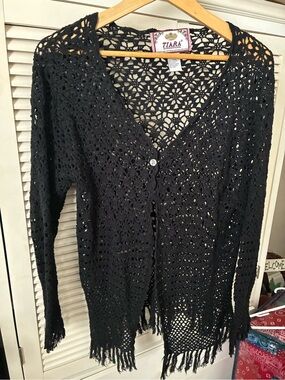 Tiara Black Crochet Open-Knit Fringe Cardigan